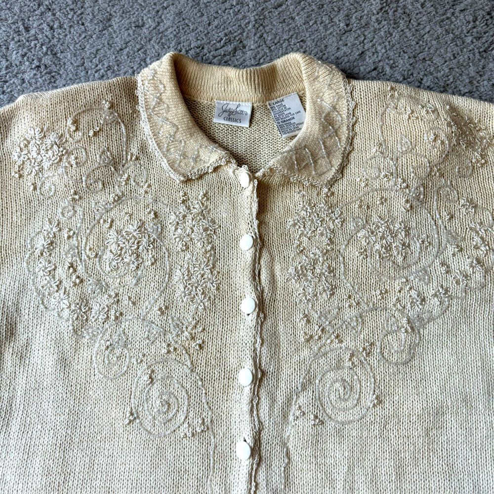NEW Vintage Jaclyn Smith Sweater Womens Large Ivory Cardigan Beaded Classics Y2K